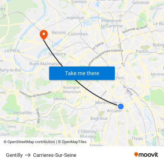 Gentilly to Carrieres-Sur-Seine map