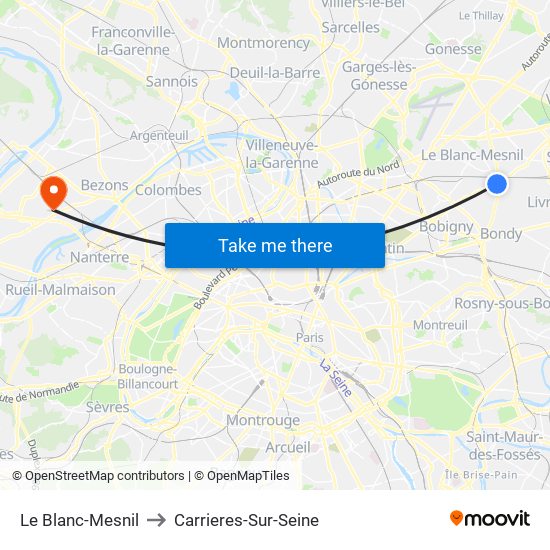 Le Blanc-Mesnil to Carrieres-Sur-Seine map