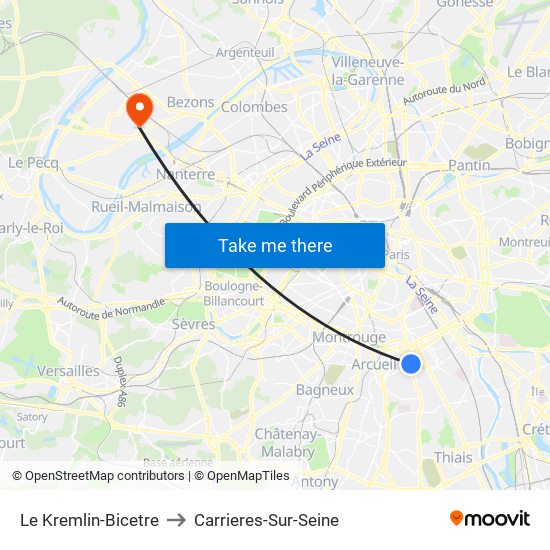 Le Kremlin-Bicetre to Carrieres-Sur-Seine map