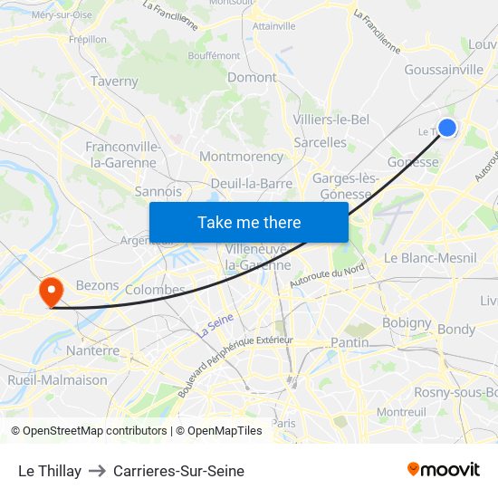 Le Thillay to Carrieres-Sur-Seine map