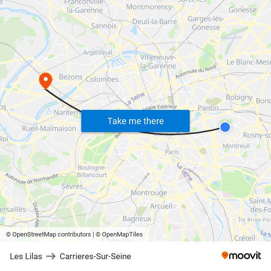 Les Lilas to Carrieres-Sur-Seine map