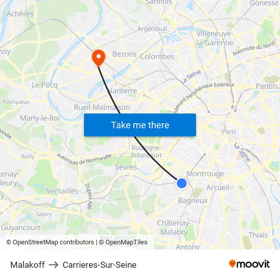 Malakoff to Carrieres-Sur-Seine map