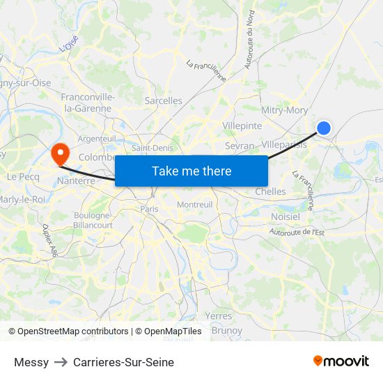 Messy to Carrieres-Sur-Seine map