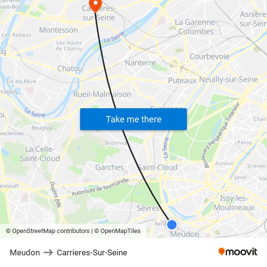 Meudon to Carrieres-Sur-Seine map