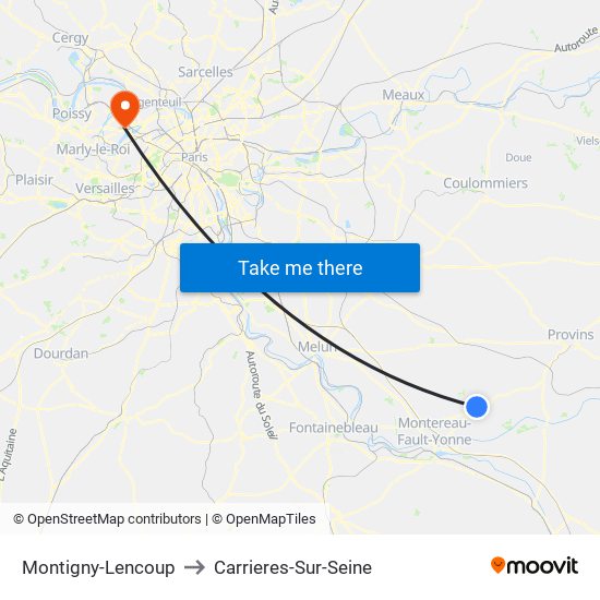 Montigny-Lencoup to Carrieres-Sur-Seine map