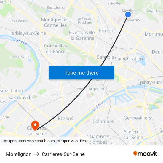 Montlignon to Carrieres-Sur-Seine map