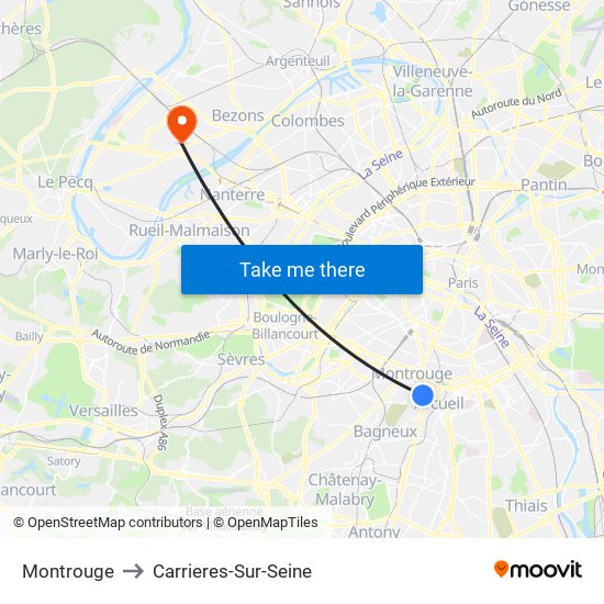 Montrouge to Carrieres-Sur-Seine map