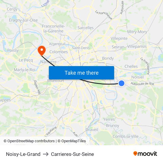 Noisy-Le-Grand to Carrieres-Sur-Seine map