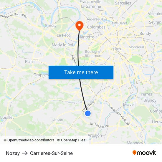 Nozay to Carrieres-Sur-Seine map