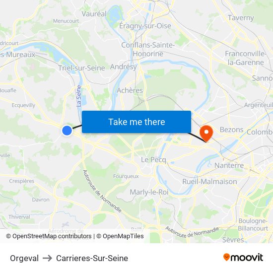 Orgeval to Carrieres-Sur-Seine map