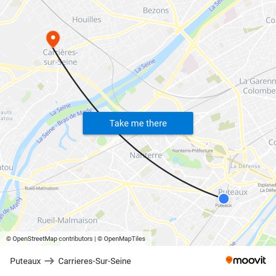 Puteaux to Carrieres-Sur-Seine map