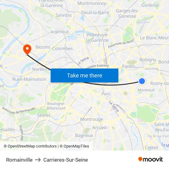 Romainville to Carrieres-Sur-Seine map
