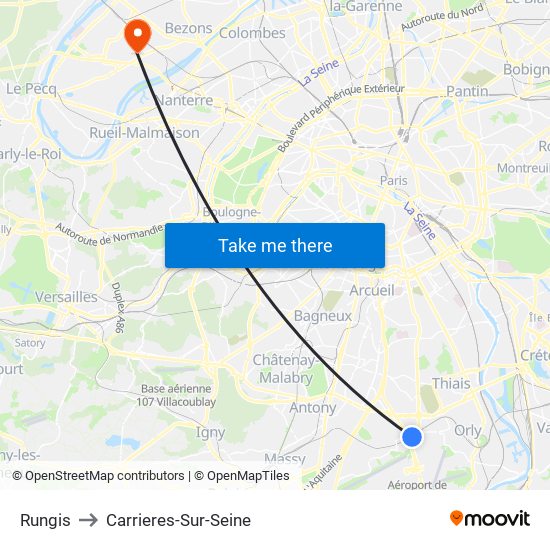 Rungis to Carrieres-Sur-Seine map