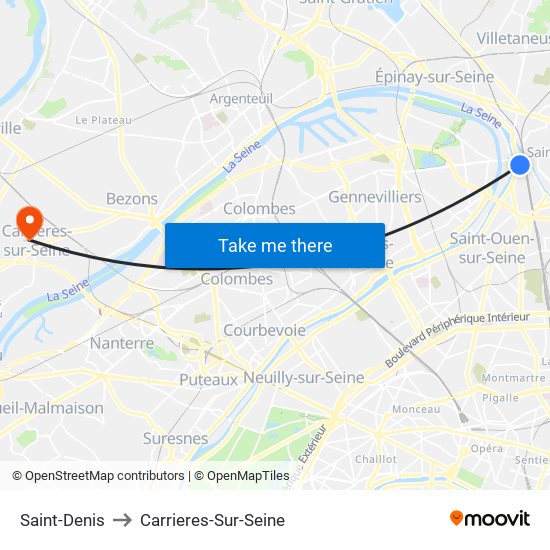 Saint-Denis to Carrieres-Sur-Seine map