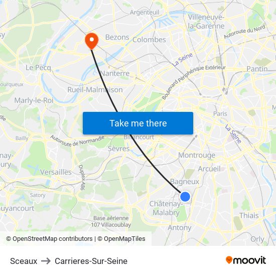 Sceaux to Carrieres-Sur-Seine map