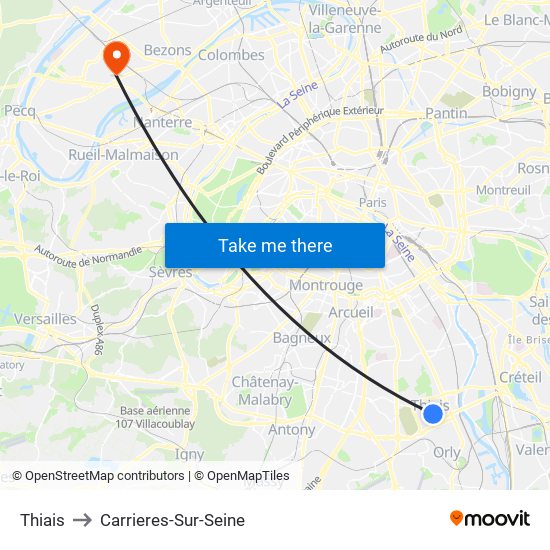 Thiais to Carrieres-Sur-Seine map