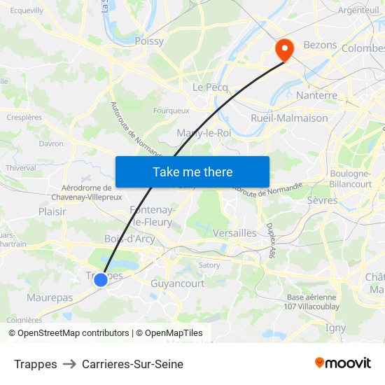 Trappes to Carrieres-Sur-Seine map