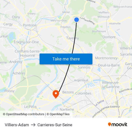 Villiers-Adam to Carrieres-Sur-Seine map