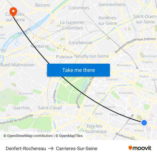 Denfert-Rochereau to Carrieres-Sur-Seine map