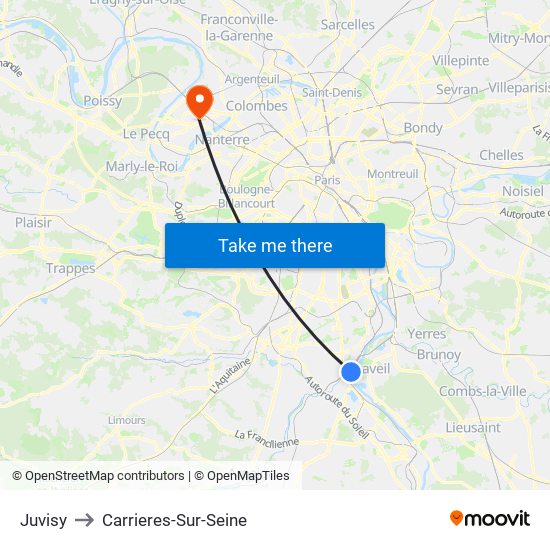 Juvisy to Carrieres-Sur-Seine map