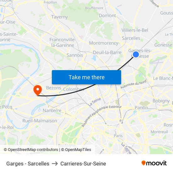Garges - Sarcelles to Carrieres-Sur-Seine map