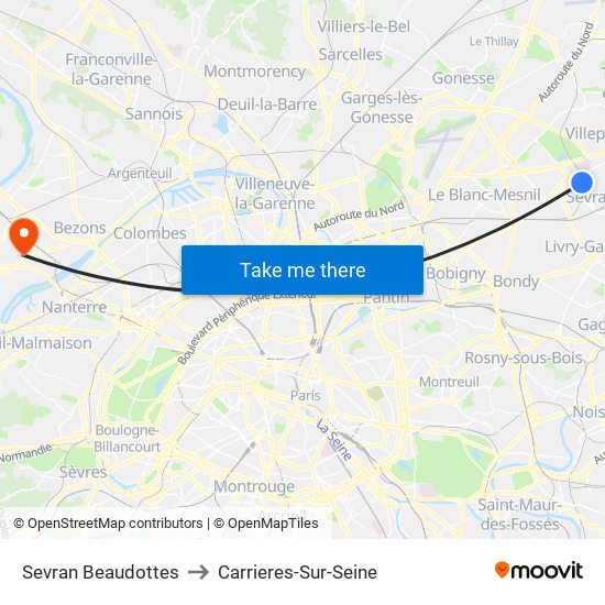 Sevran Beaudottes to Carrieres-Sur-Seine map
