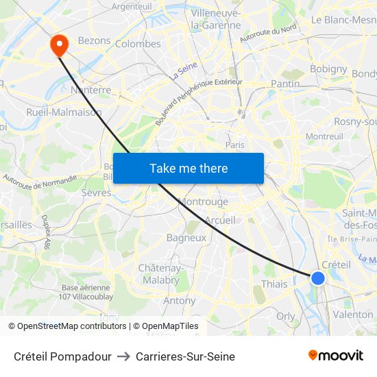 Créteil Pompadour to Carrieres-Sur-Seine map