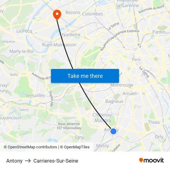 Antony to Carrieres-Sur-Seine map