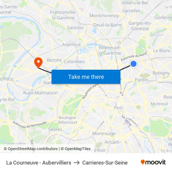 La Courneuve - Aubervilliers to Carrieres-Sur-Seine map