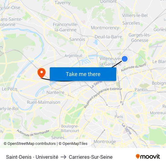 Saint-Denis - Université to Carrieres-Sur-Seine map