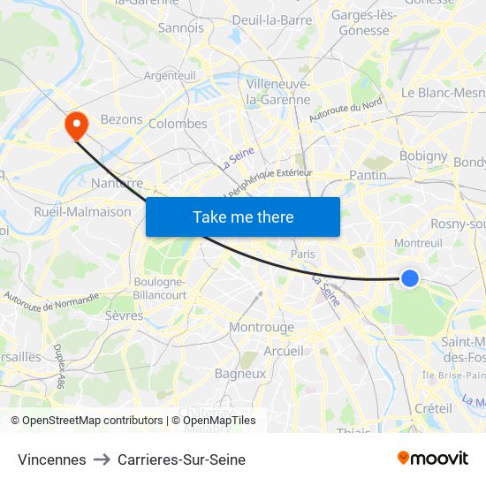 Vincennes to Carrieres-Sur-Seine map