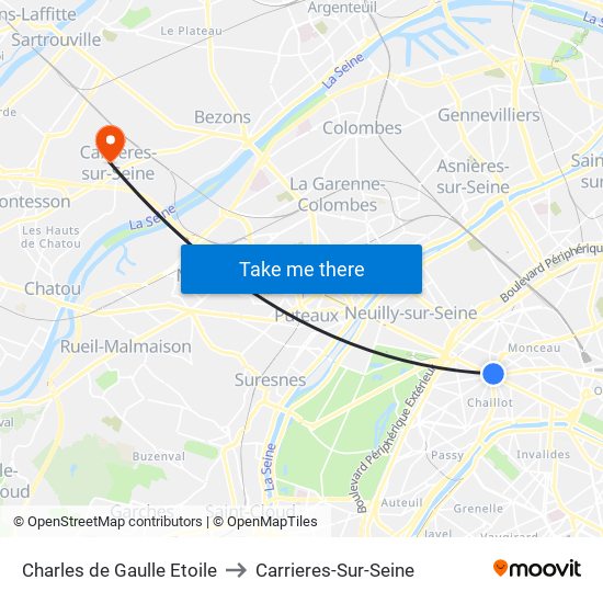 Charles de Gaulle Etoile to Carrieres-Sur-Seine map