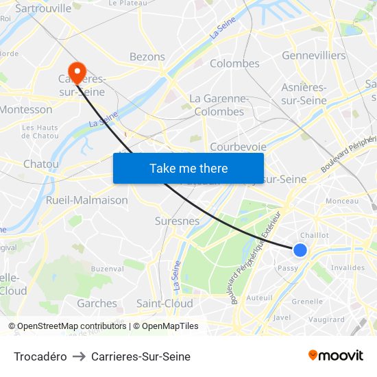 Trocadéro to Carrieres-Sur-Seine map