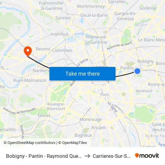 Bobigny - Pantin - Raymond Queneau to Carrieres-Sur-Seine map
