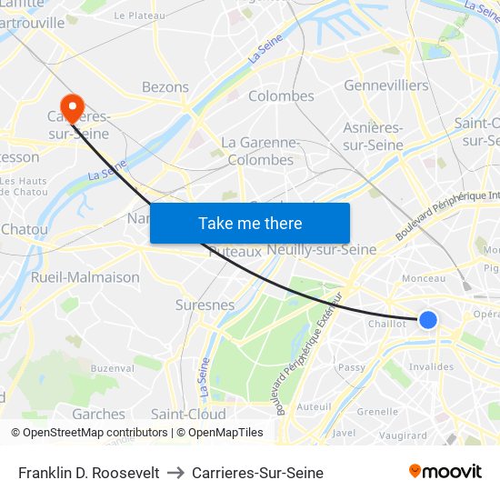 Franklin D. Roosevelt to Carrieres-Sur-Seine map