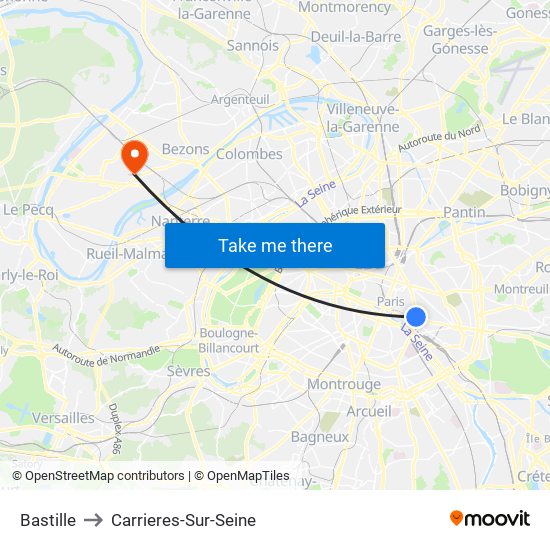 Bastille to Carrieres-Sur-Seine map