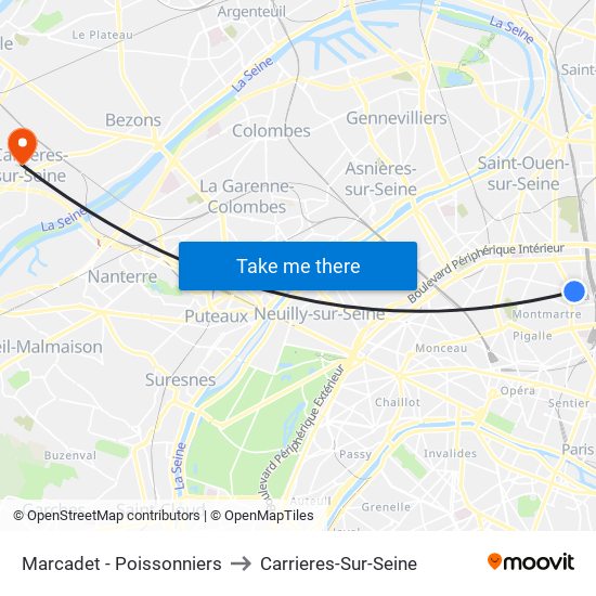 Marcadet - Poissonniers to Carrieres-Sur-Seine map