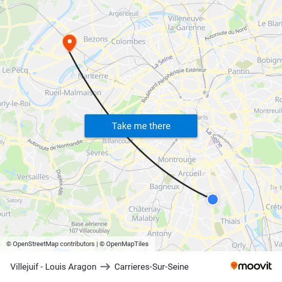 Villejuif - Louis Aragon to Carrieres-Sur-Seine map