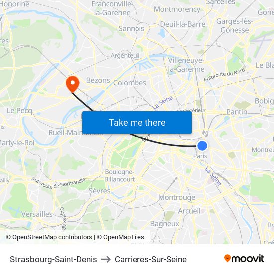 Strasbourg-Saint-Denis to Carrieres-Sur-Seine map