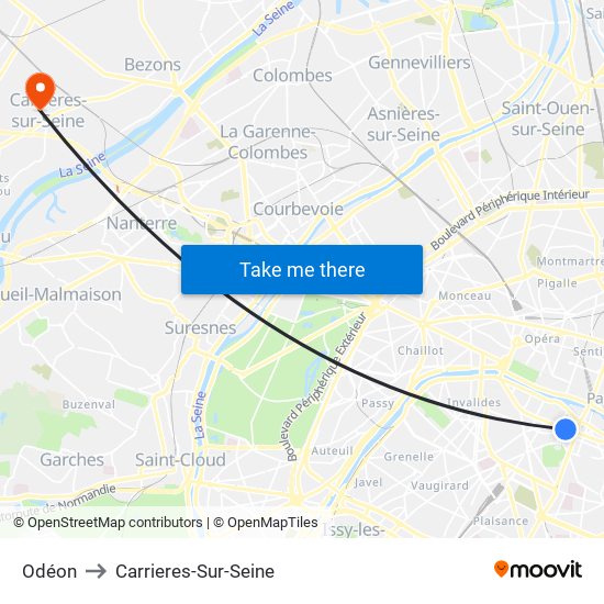 Odéon to Carrieres-Sur-Seine map