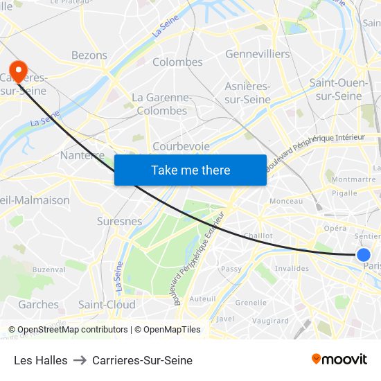 Les Halles to Carrieres-Sur-Seine map