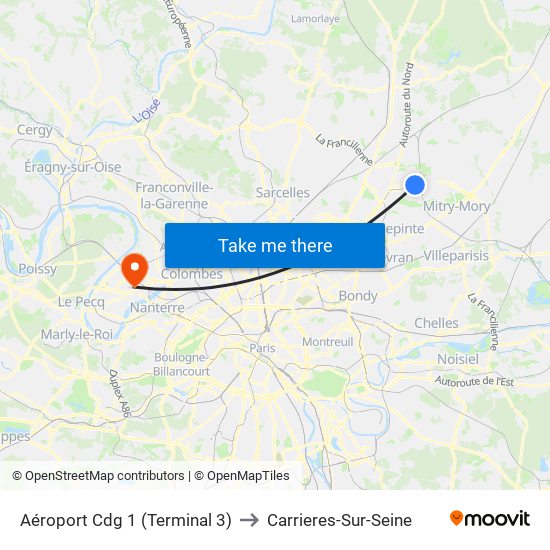 Aéroport Cdg 1 (Terminal 3) to Carrieres-Sur-Seine map