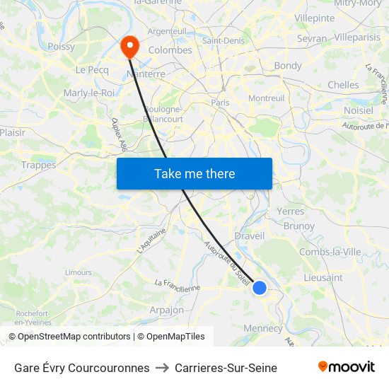 Gare Évry Courcouronnes to Carrieres-Sur-Seine map