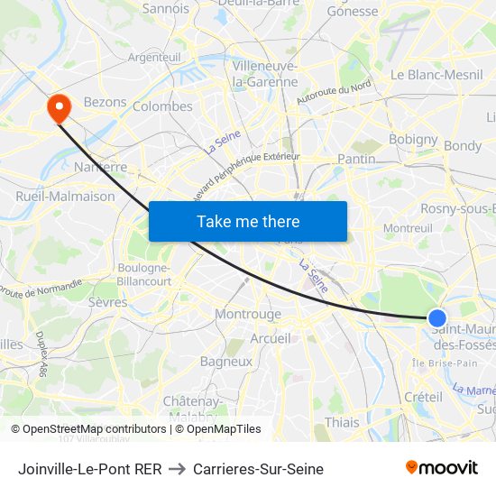 Joinville-Le-Pont RER to Carrieres-Sur-Seine map