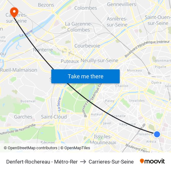Denfert-Rochereau - Métro-Rer to Carrieres-Sur-Seine map