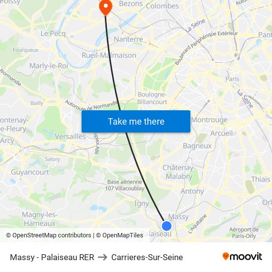 Massy - Palaiseau RER to Carrieres-Sur-Seine map