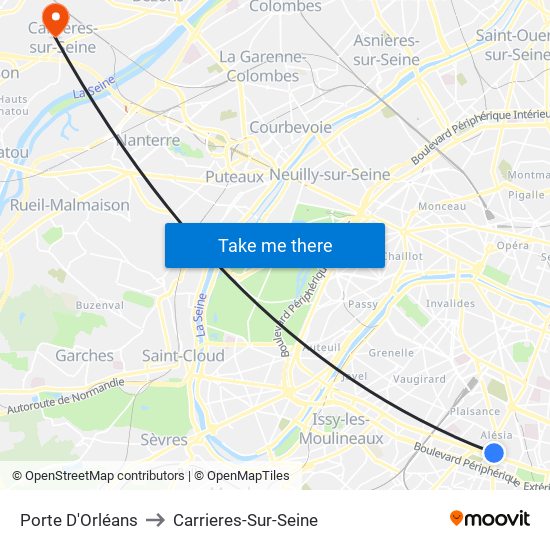 Porte D'Orléans to Carrieres-Sur-Seine map