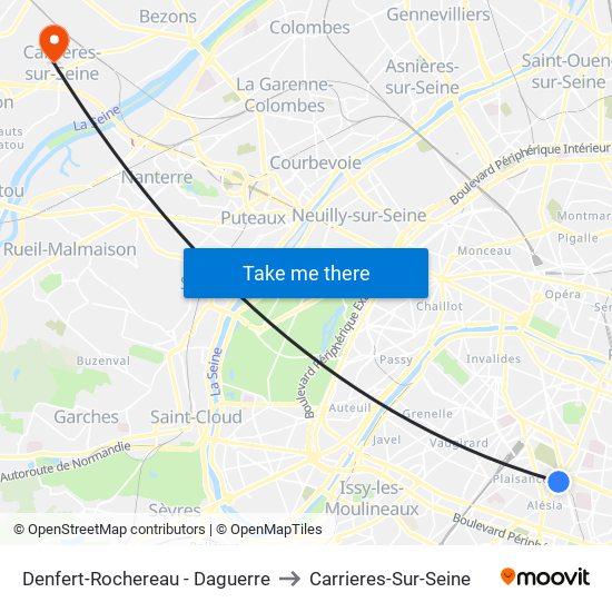 Denfert-Rochereau - Daguerre to Carrieres-Sur-Seine map