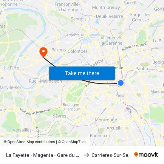 La Fayette - Magenta - Gare du Nord to Carrieres-Sur-Seine map