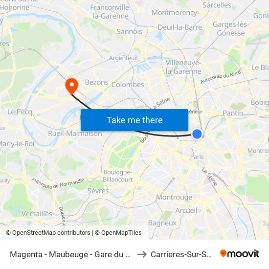 Magenta - Maubeuge - Gare du Nord to Carrieres-Sur-Seine map
